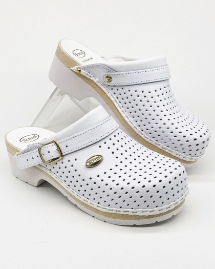Scholl Clog Supercomfort F20176 białe chodaki (drewno bukowe + guma) szerokie, tęgość H