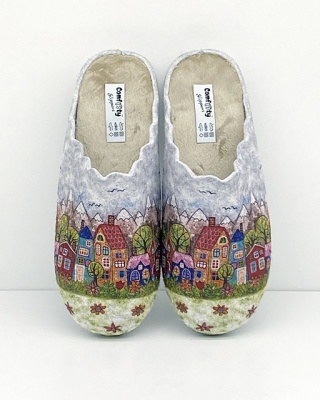 Ciepłe damskie kapcie Comfooty D84 SER.231-251 szare + domy, tęgość K