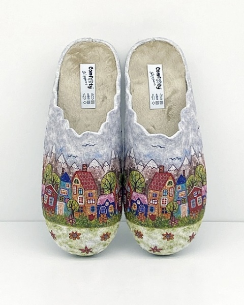 Ciepłe damskie kapcie Comfooty D84 SER.231-251 szare + domy, tęgość K