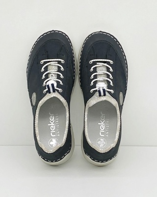 Półbuty damskie Rieker 51558-14 granatowe, nieco szersza podeszwa, tęgość G normalna