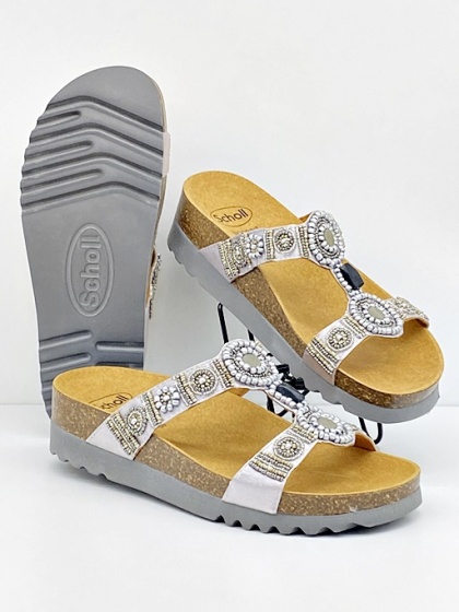 Scholl klapki New Bogota F26607 1628 silver, damskie klapki na korku, regulowana tęgość F-G
