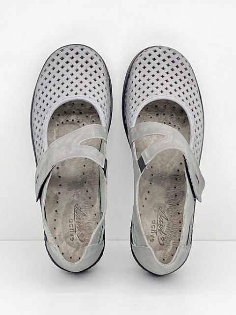 Szerokie półbuty damskie Axel 1879 szare, ażurowe baleriny na lato, tęgość H-J-K