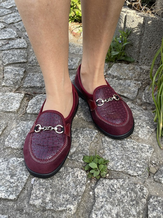 Szerokie półbuty damskie Podowell MAELISS bordowe, welur, tęgość K-M