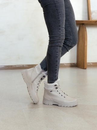 Botki zimowe damskie Remonte D0E71-60 beżowe, owcza wełna, membrana, tęgość H