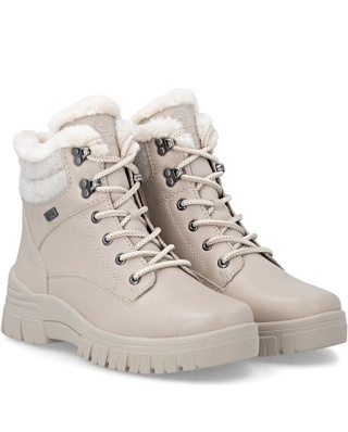 Botki zimowe damskie Remonte D0E71-60 beżowe, owcza wełna, membrana, tęgość H