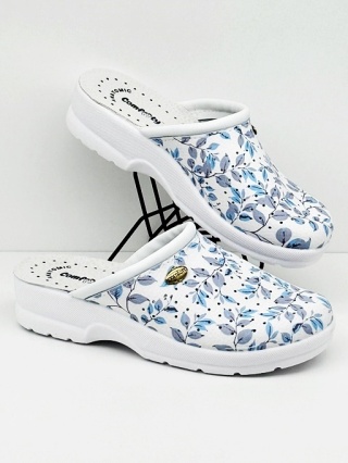 Chodaki skórzane Comfooty Alessia Fant.57 białe / listki, tęgość H średnia