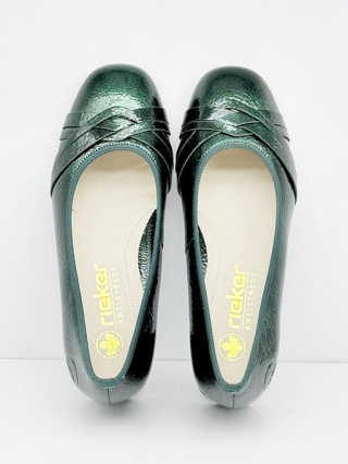 Eleganckie damskie czółenka Rieker 45068-54 zielone, tęgość G 1/2