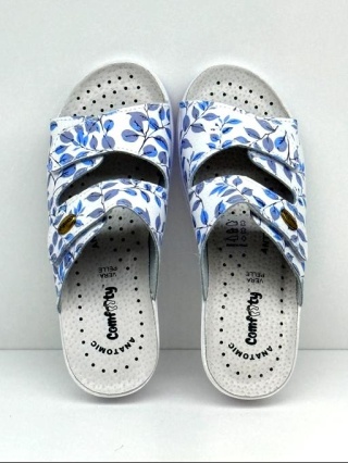 Klapki damskie Comfooty Giulia Fant.57 białe/niebieskie listki - regulowana tęgość G-H