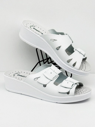 Klapki damskie Comfooty Mia białe skórzane na koturnie, tęgość F-G-H