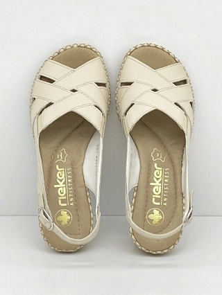 Rieker 66189-60 beżowe wygodne damskie sandały na koturnie, tęgość G