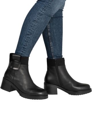 Czarne botki Rieker Y5253-00 na szerokim obcasie, ocieplane, tęgość G 1/2