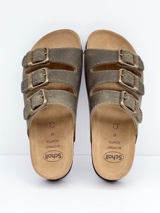 Scholl RIO Wedge AD F26835 1147 khaki, damskie skórzane klapki, poszerzana tęgość F