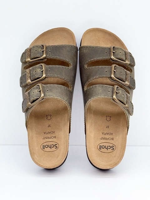 Scholl RIO Wedge AD F26835 1147 khaki, damskie skórzane klapki, poszerzana tęgość F