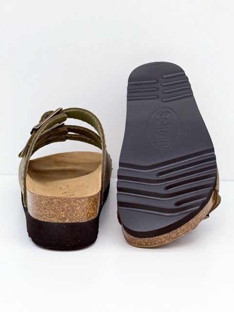 Scholl RIO Wedge AD F26835 1147 khaki, damskie skórzane klapki, poszerzana tęgość F