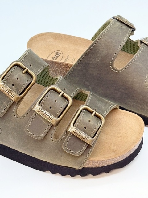 Scholl RIO Wedge AD F26835 1147 khaki, damskie skórzane klapki, poszerzana tęgość F