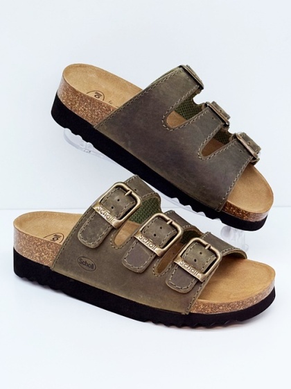 Scholl RIO Wedge AD F26835 1147 khaki, damskie skórzane klapki, poszerzana tęgość F