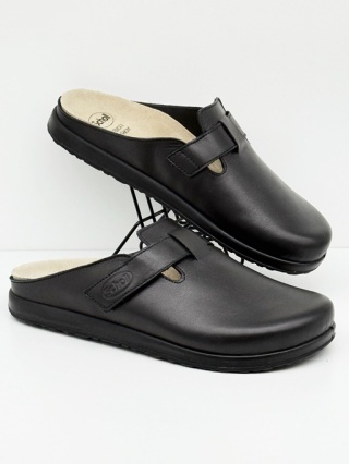 Kapcie ortopedyczne Scholl ELIO Strap F32531 czarne skórzane, poszerzana tęgość H