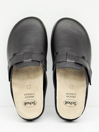 Kapcie ortopedyczne Scholl ELIO Strap F32531 czarne skórzane, poszerzana tęgość H