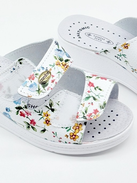 Klapki damskie Sanital Flex 714 białe + kwiaty, tęgość G