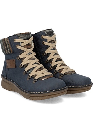 Wygodne botki damskie Rieker 73343-15 niebieskie, ekoskóra, tęgość G