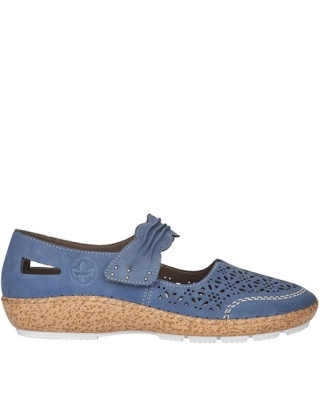 44896-15 Rieker ażurowe baleriny z przepaską, niebieskie, tęgość F 1/2