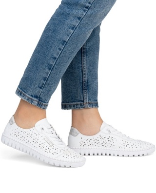 Balerinki azurowe Rieker M2354-80 białe, tęgość G - stopy raczej wąskie