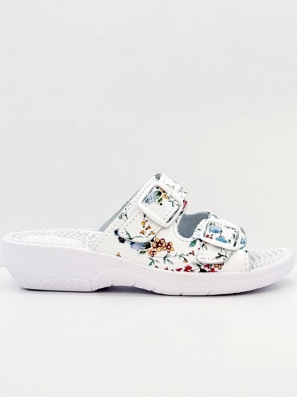 Fakirki skórzane damskie Comfooty Nadia Flowers , klapki masujące, G-H-J tęgość regulowana