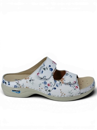 Skórzane klapki damskie Nursing Care VIENA WG8F1 Flowers, średnia tęgość G-H