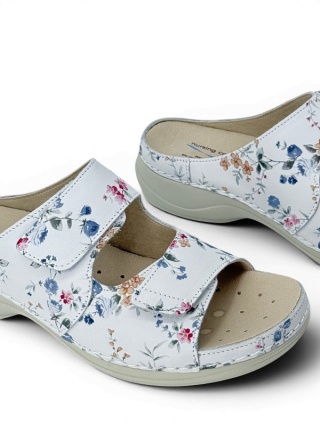 Skórzane klapki damskie Nursing Care VIENA WG8F1 Flowers, średnia tęgość G-H