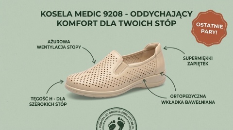 Buty Kosela 9208 gold, szerokie półbuty z ażurowym przodem, tęgość G-H
