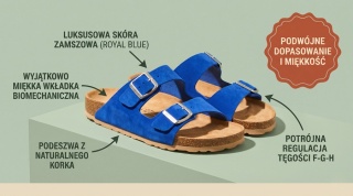 Klapki damskie skórzane profilowane na korku Izzi Alex niebieskie, regulowana tęgość FGH