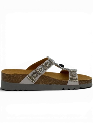 Scholl klapki New Bogota F26607 1628 silver, damskie klapki na korku, regulowana tęgość F-G