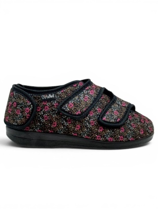 Buty ortopedyczne damskie Ortomed 6051 czarne + kwiatki, duża tęgość K-M