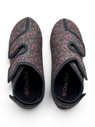 Buty ortopedyczne damskie Ortomed 6051 czarne + kwiatki, duża tęgość K-M