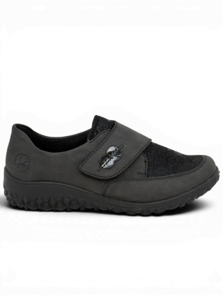 Buty z Riekera 59552-45 grafitowe, damskie półbuty, tęgość H