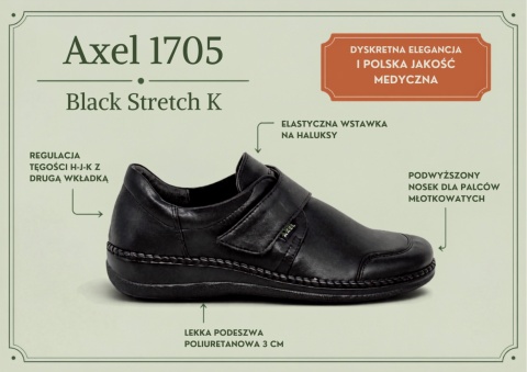 Axel 1705 czarne półbuty damskie skóra i strecz, regulowana tęgość K