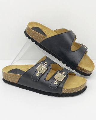 Skórzane damskie klapki Scholla Alba czarne, regulowane, tęgość F 1/2