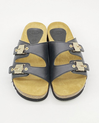 Skórzane damskie klapki Scholla Alba czarne, regulowane, tęgość F 1/2