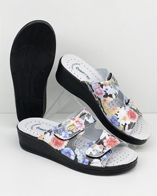 Klapki skórzane Comfooty Giulia Fant.28 czarne kwiaty - tęgość G-H