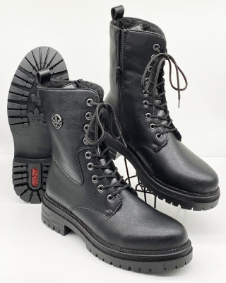 Damskie trapery Rieker Y3115-00 czarne, wełna polarowa, skórzane, tęgość G