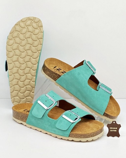 Izzi Alex Aquario zielone klapki damskie zamszowe na korku, tęgość F-G-H